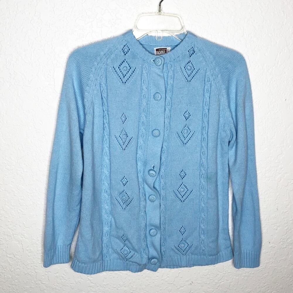 Vintage Montgomery Ward light blue crochet cottagecore button cardigan Large 70s